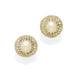A pair of colored cultured pearl, colored diamond earrings
