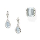 A pair of aquamarine and diamond ear pendants and ring