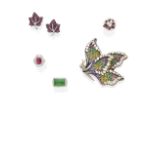 A diamond and colored stone butterfly brooch, French