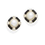 A pair of mabé pearl and diamond ear clips