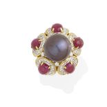 A colored pearl, ruby and diamond ring