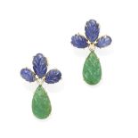 A pair of emerald, sapphire and diamond pendant earrings