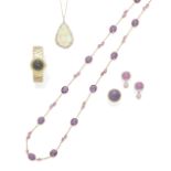 A pair of amethyst, pearl and diamond ear pendants together with a lavender jade and diamond ring...
