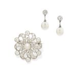 A cultured pearl and diamond brooch together with a pair of cultured pearl and diamond earrings