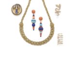 A pair of coral and lapis lazuli ear pendants