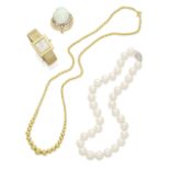 A cultured pearl necklace and gold bead necklace