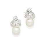 A pair of cultured pearl and diamond ear clips