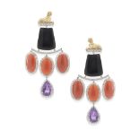 A pair of coral, onyx, and amethyst ear pendants