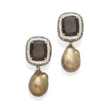 A pair of quartz, diamond and cultured pearl ear clips