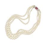 A triple strand cultured pearl necklace