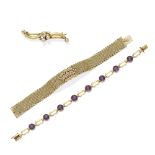 An antique diamond bar pin, amethyst bracelet and a ruby and diamond bracelet