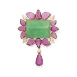 An emerald, pink tourmaline and diamond pendant