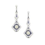 A pair of diamond and sapphire pendant earrings