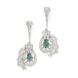 A pair of diamond and emerald pendant earrings