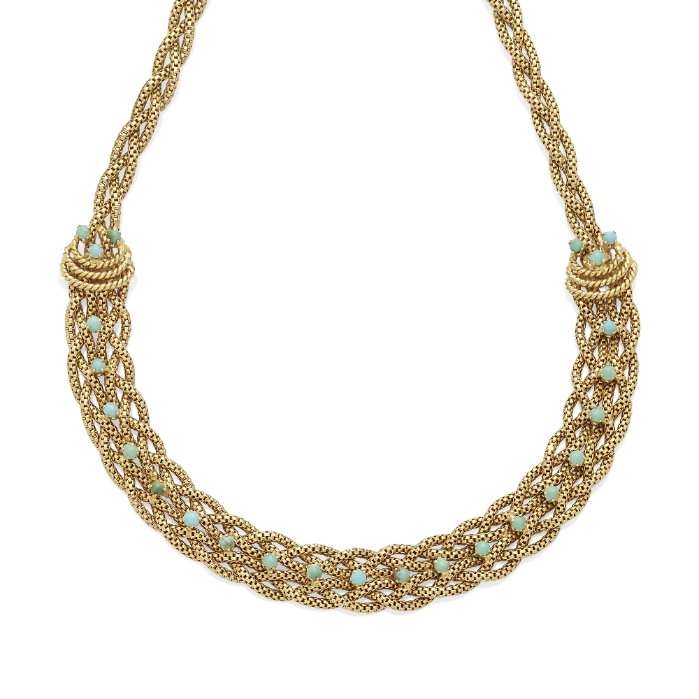 A gold and turquoise necklace