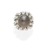 A cultured pearl and diamond ballerina ring