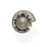 A colored cultured pearl, colored diamond and diamond ring