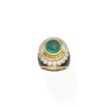 An emerald, sapphire, diamond and enamel bombé ring, by Sabbadini