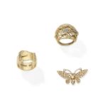 A diamond buckle ring, 1915, a diamond bombé ring, circa 1960, and a diamond butterfly brooch (3)