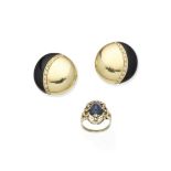 A pair of onyx and diamond earclips, by Wempe, and a sapphire ring (2)