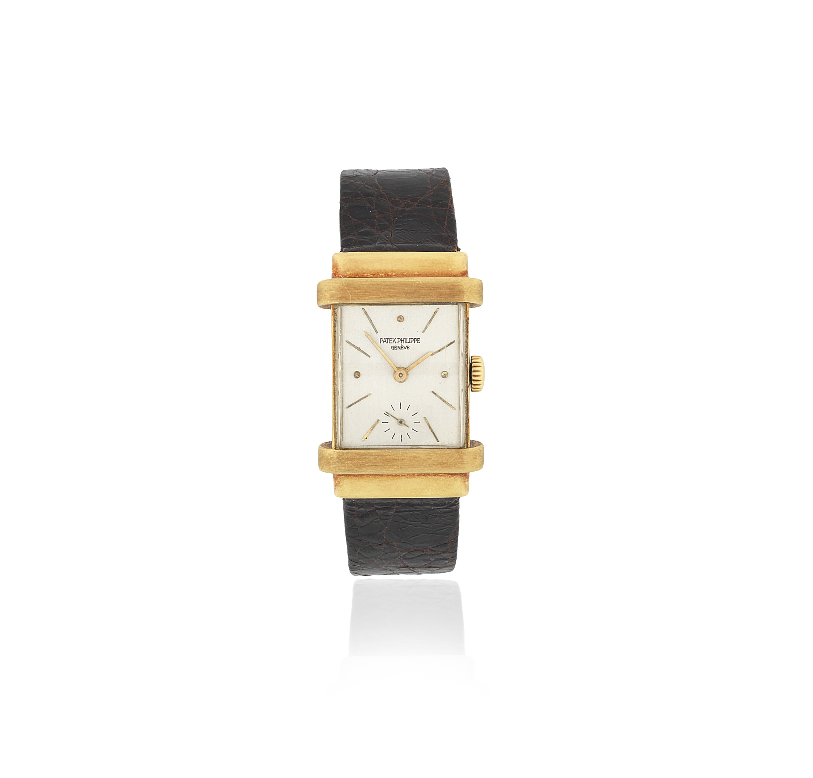 Patek Philippe. An 18K gold manual wind rectangular wristwatch with hooded lugs Top Hat, Ref: 14...