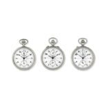 Heuer. A pair of stainless steel keyless wind open face split second chronograph pocket watches a...