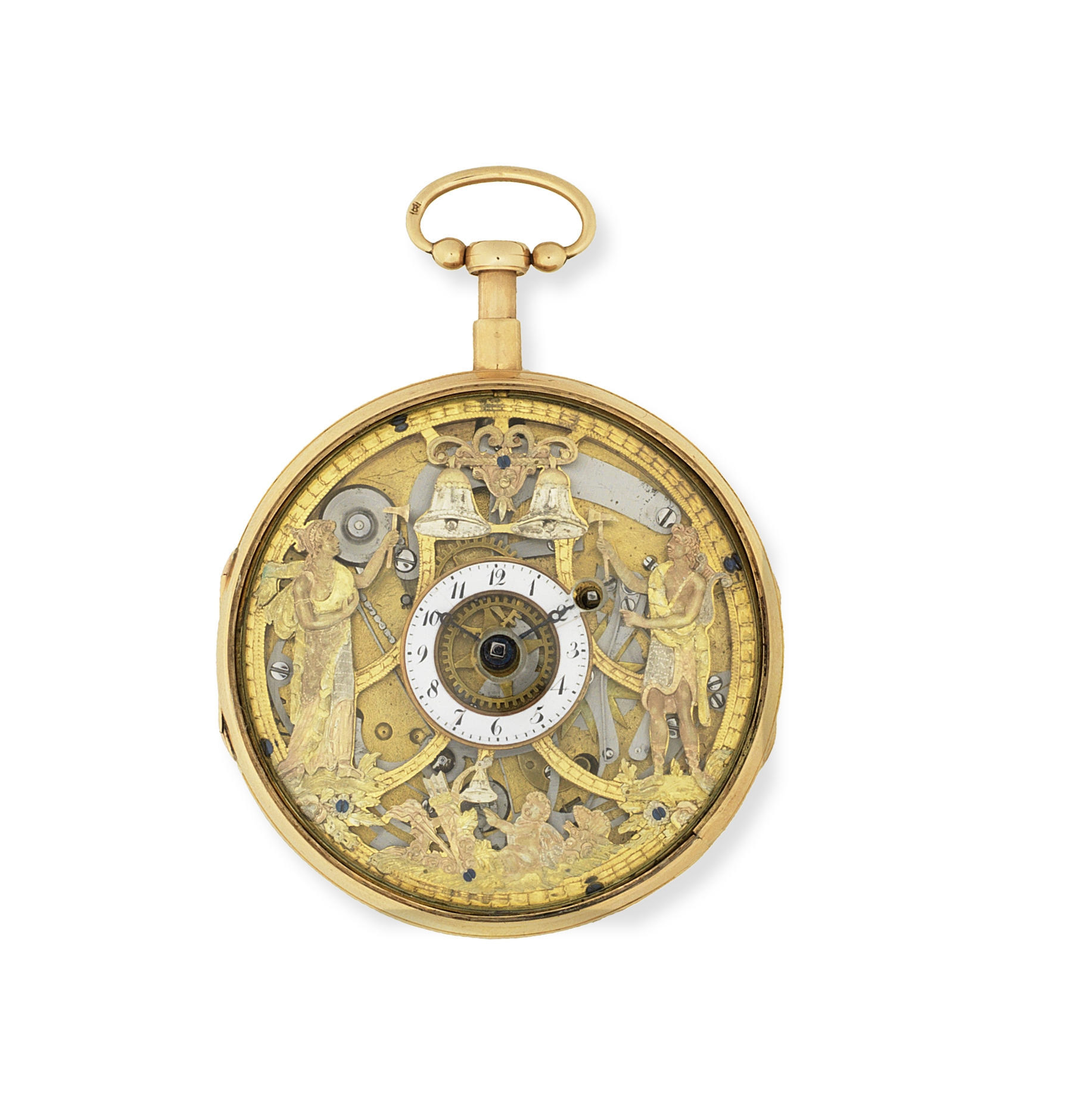 An 18K gold key wind open face Jacquemart automaton quarter repeating pocket watch Circa 1810