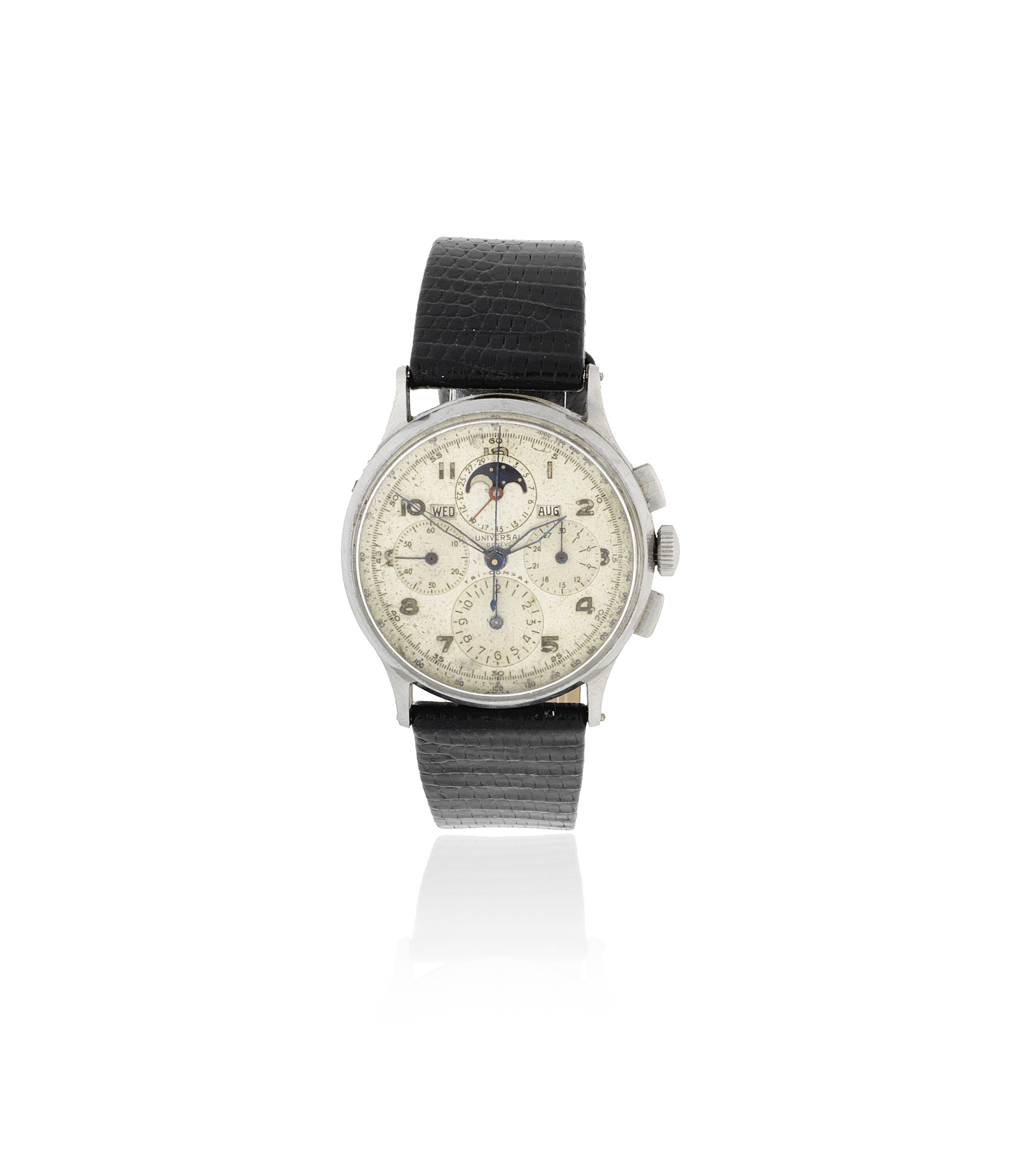 Universal Genève. A stainless steel manual wind triple calendar chronograph wristwatch with moon ...