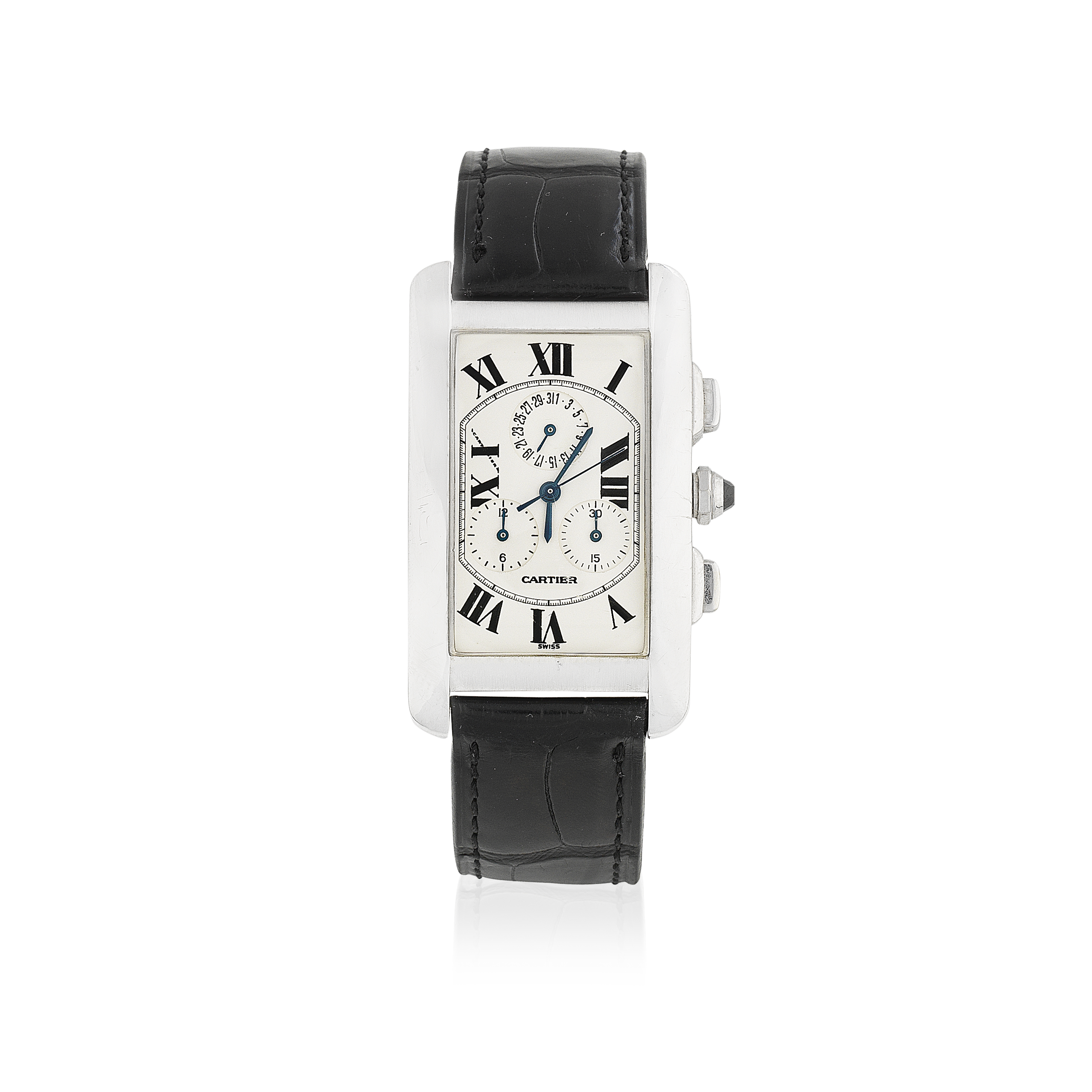 Cartier. An 18K white gold quartz calendar chronograph rectangular wristwatch Tank Américaine, R...