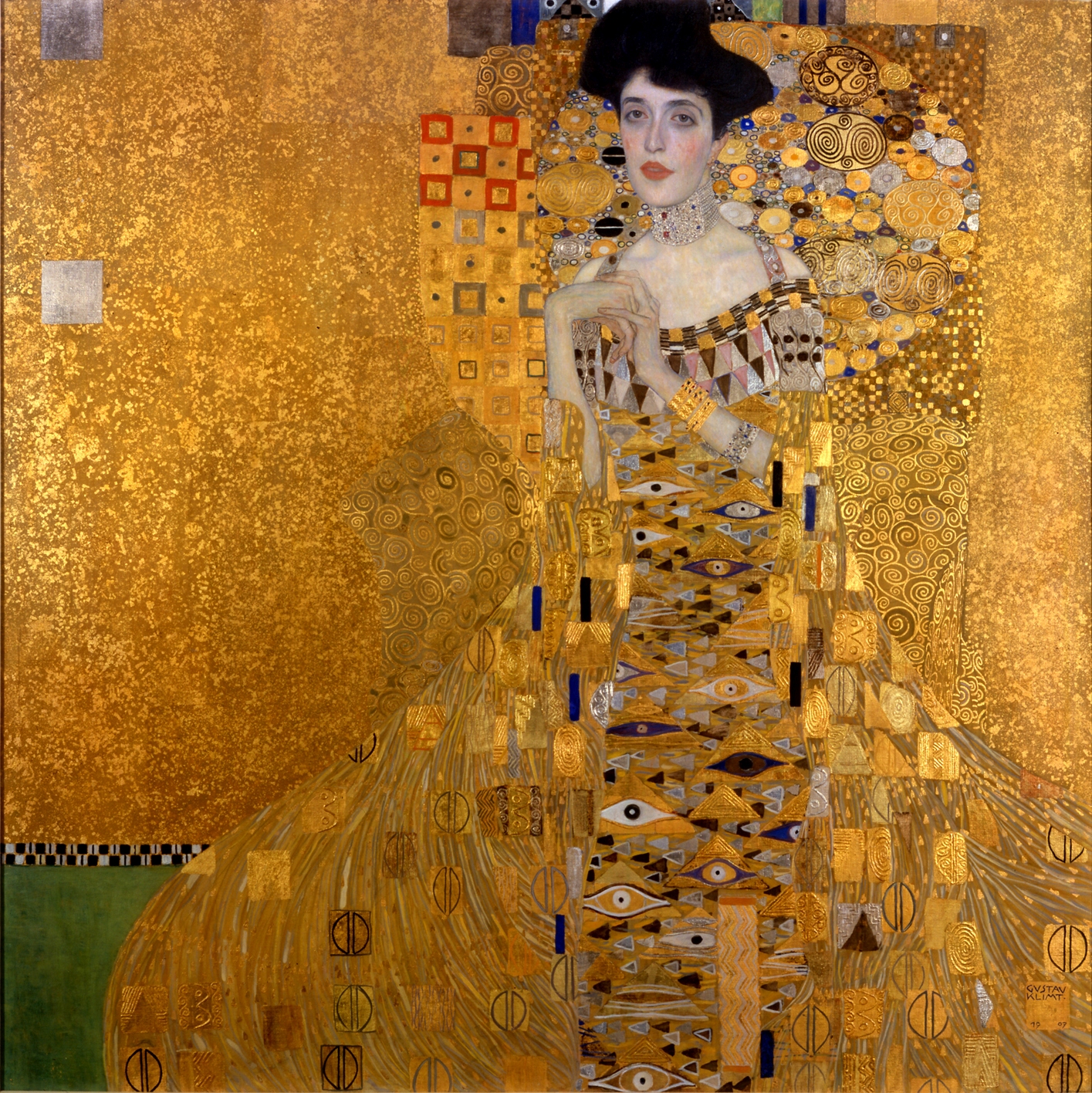 GUSTAV KLIMT (1862-1918) Im Lehnstuhl sitzernd von vorne, beide Unteratme aufgestutzt (Adele Bloc...