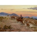 Bill Owen (1942-2013) Roping at Sundown 22 x 30in (Painted in 1977.)