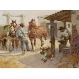 Charlie Dye (1906-1972) Oil sketch of Shoeing the Line 6 1/8 x 8 1/8in