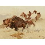 Frank McCarthy (1924-2002) Breaking Up the Herd 9 x 12in (Painted in 1994.)