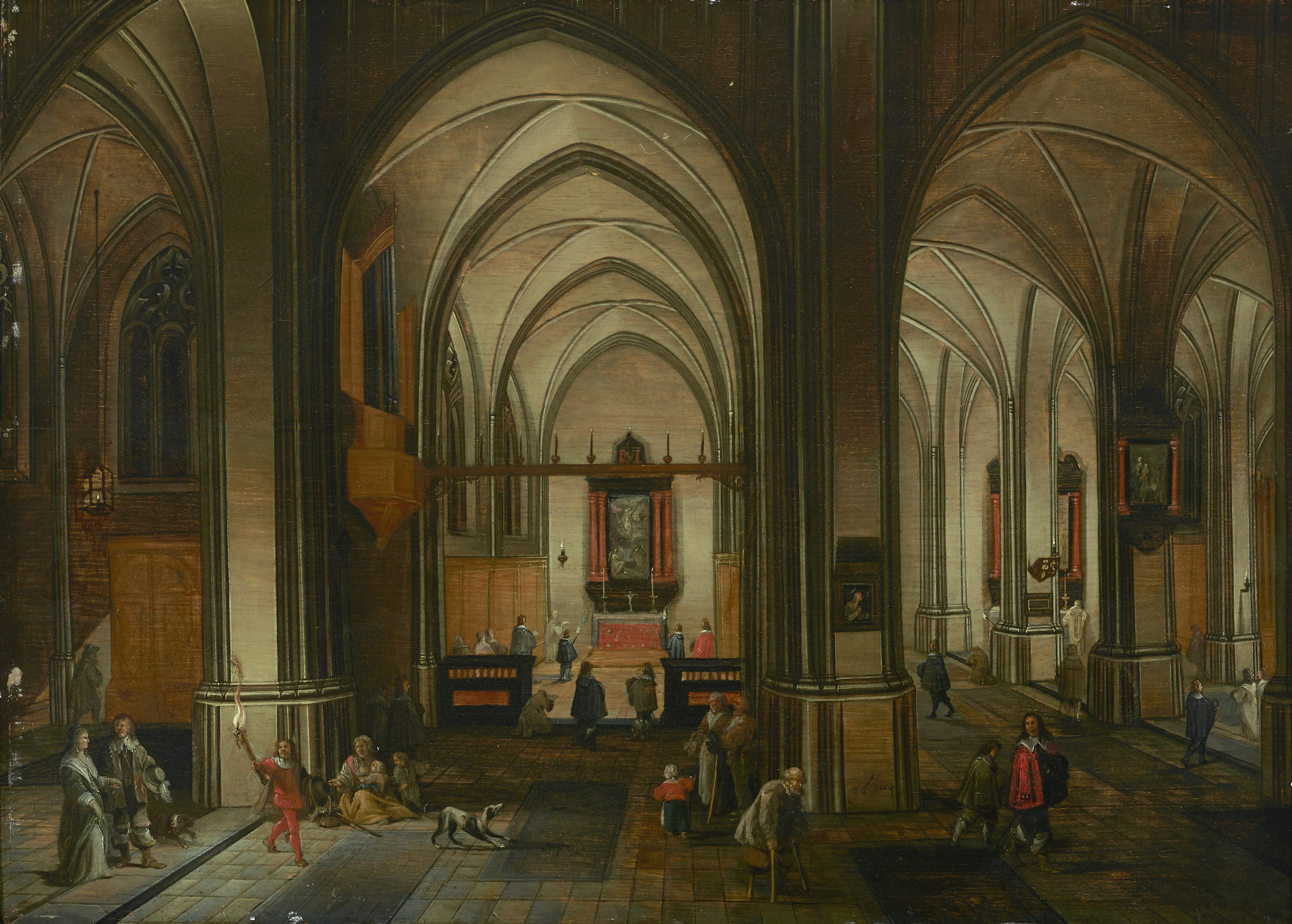 Follower of Pieter Neefs II (Belgian, 1620-1675) Figures in a church interior 13 x 18in (33 x 45....