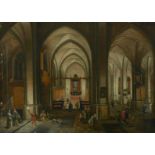 Follower of Pieter Neefs II (Belgian, 1620-1675) Figures in a church interior 13 x 18in (33 x 45....