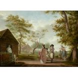 Johannes Zacharias Simon Prey (Dutch, 1744-1823) Elegant figures visiting a country dairy 19 1/4 ...