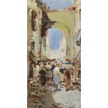 Alessandro Lupo (Italian, 1876-1953) A busy street market 12 x 6in (30.5 x 15.3cm)