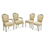 A Pair Louis XV Style Parcel Gilt and Painted Wood Fauteuils and Two Similar Chaises Late 18th/19...