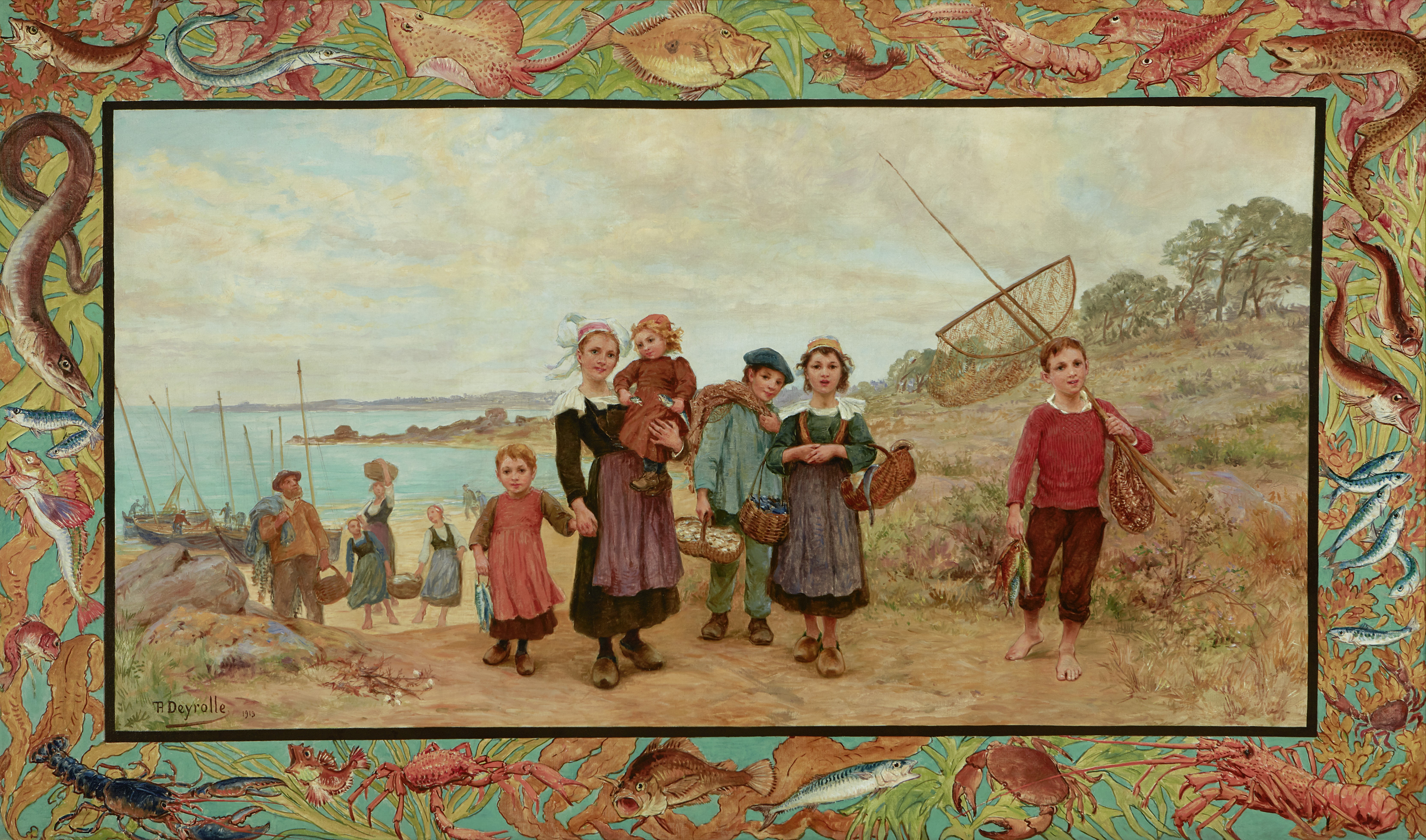 Théophile-Louis Deyrolle (French, 1844-1923) The fisherfolk's return (within a painted border fea...