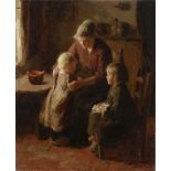 Bernard Pothast (Dutch, 1882-1966) A mother with her children in a cottage interior 21 3/4 x 17 3...
