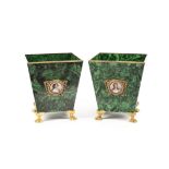 A Pair of Gilt Bronze and Porcelain Malachite Cache Pots