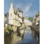 Henri Alphonse Barnoin (French, 1882-1935) A view of a river passing through a French town 18 x ...
