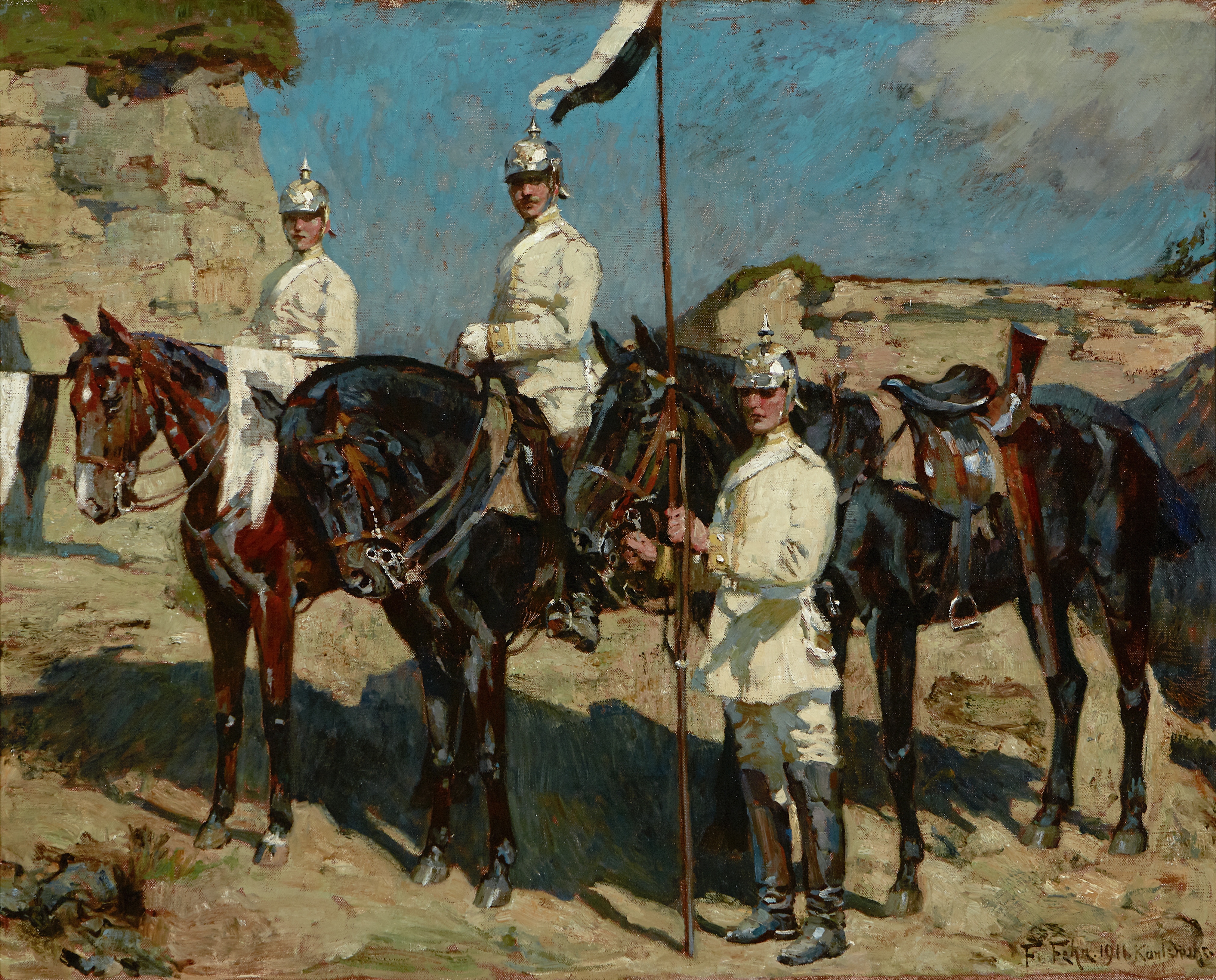 Friedrich Fehr (German, 1862-1927) A German military scene in North Africa, World War I 31 1/2 x...