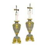 A pair of Louis XVI style gilt bronze mounted green marble urns mounted as lamps Late 20th/early ...