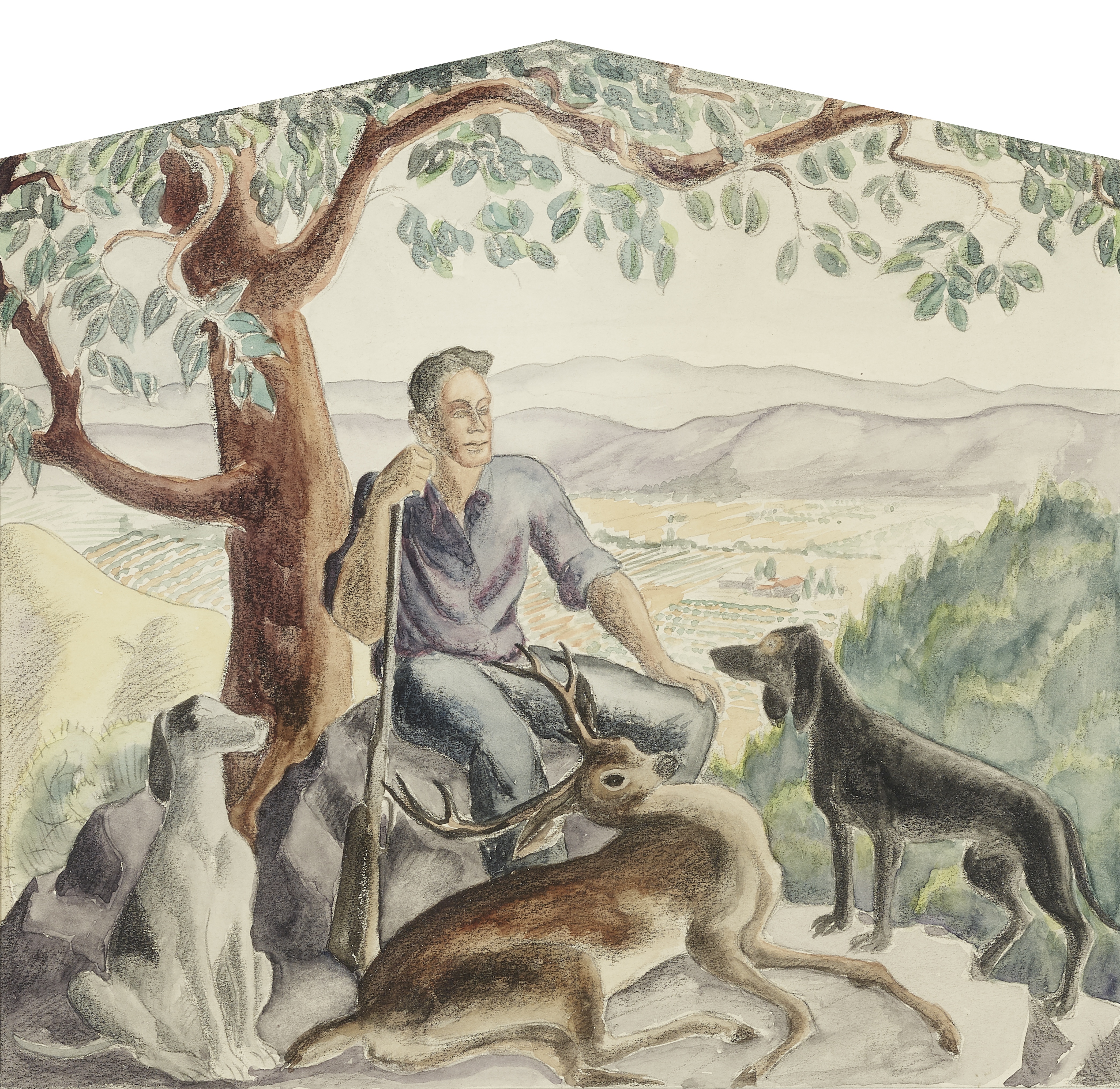 Helen Bruton (1898-1985) After the hunt (A prepatory sketch for a mural) 9 1/4 x 10in (23.4 x 25....