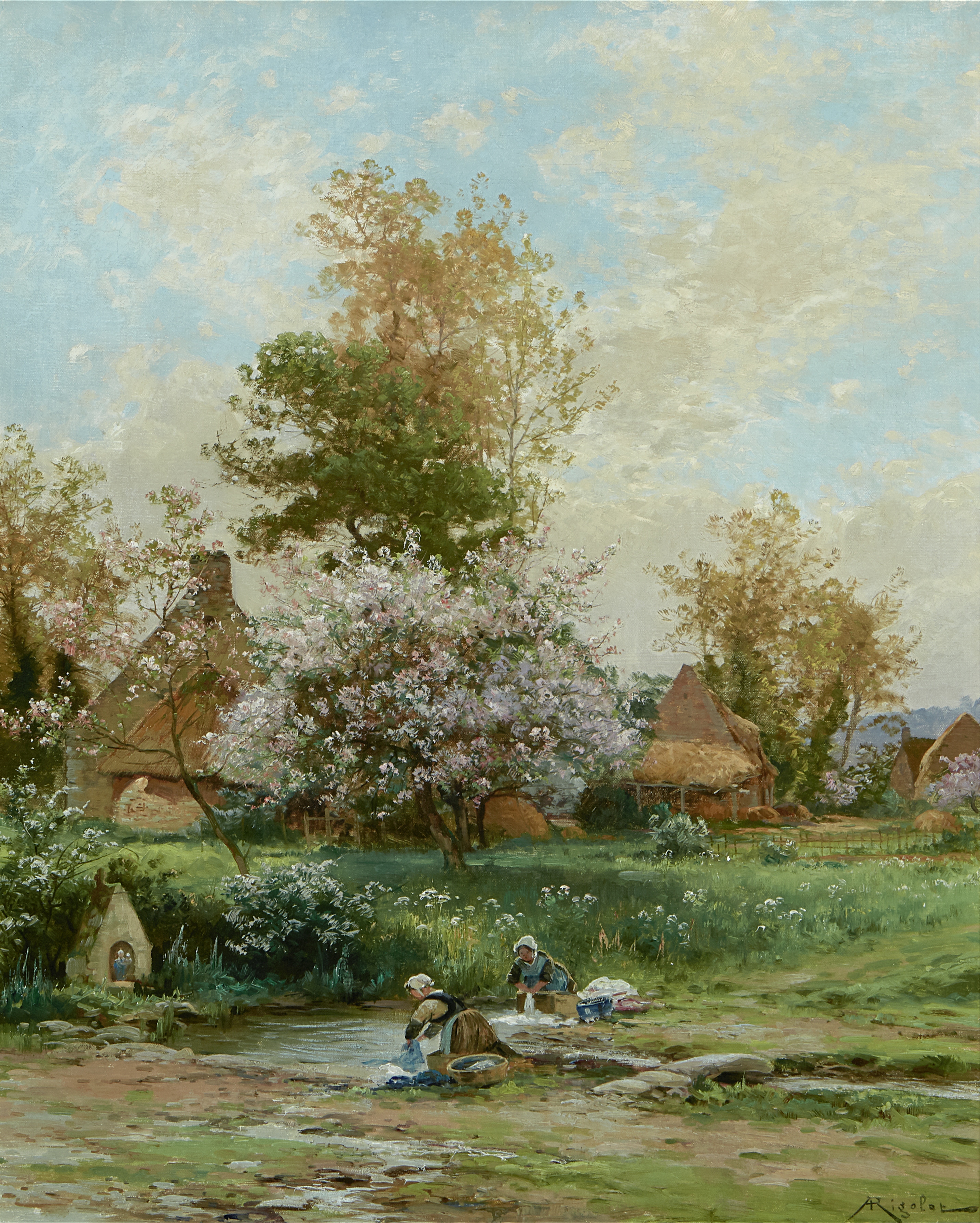 Albert Gabriel Rigolot (French, 1862-1932) Washerwomen by a stream in a spring landscape 24 1/4 x...