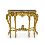 An Italian Rococo Style Marble Top Giltwood Six Leg Console