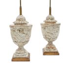 A pair of French marbleized earthenware urns