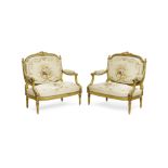 A pair of Louis XVI style Aubusson Upholstered Giltwood Marquis
