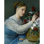 Michel Marie Charles Verlat (Belgian, 1824-1890) A beauty with roses 29 1/8 x 23 1/4in (74.1 x 59...